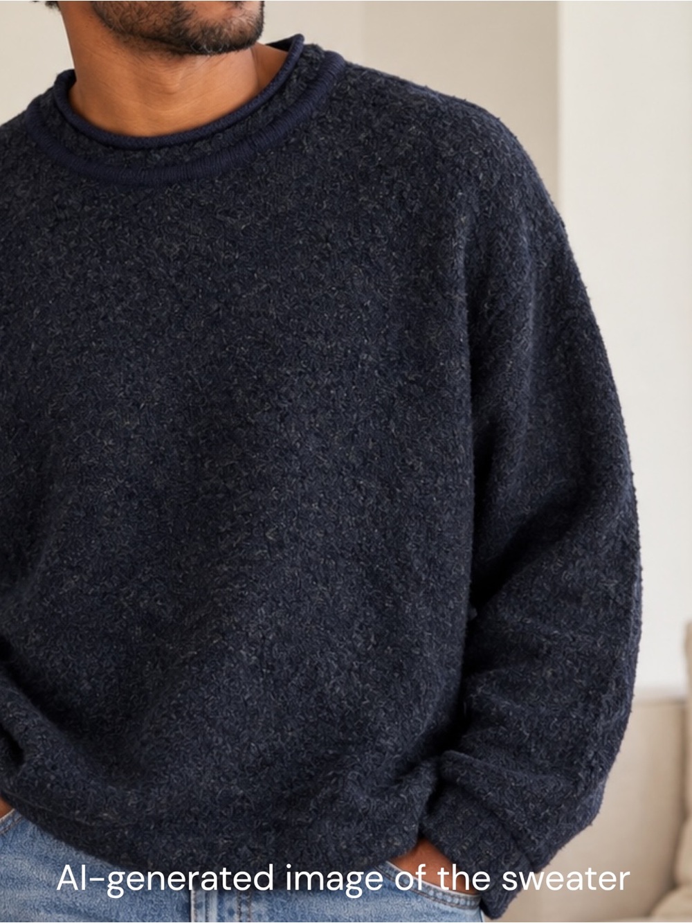 Vintage Alpaca Wool Blend Crewneck Sweater Unisex L/XL Navy Green Textured Cozy